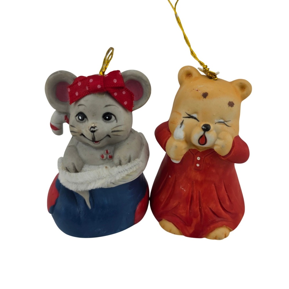 1986 Giftco Mouse in Stocking & Sleepy Bear Nightgown Porcelain Bell Ornaments